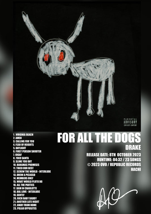 ALBUM - DRAKE - FOR ALL THE DOGS - A4 (FRAMED)