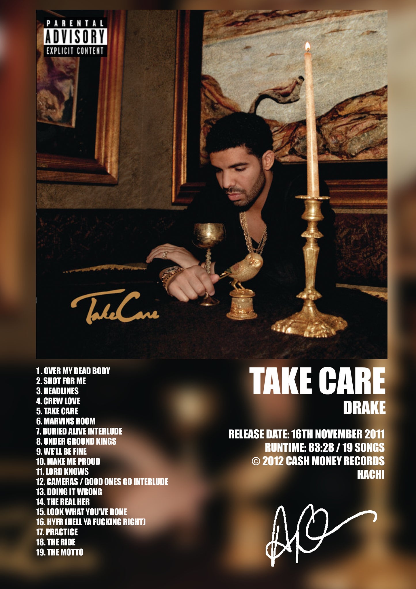 ALBUM - DRAKE - TAKE CARE - A4 (FRAMED)
