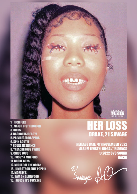 ALBUM - DRAKE, 21 SAVAGE - HER LOSS - A4 (FRAMED)